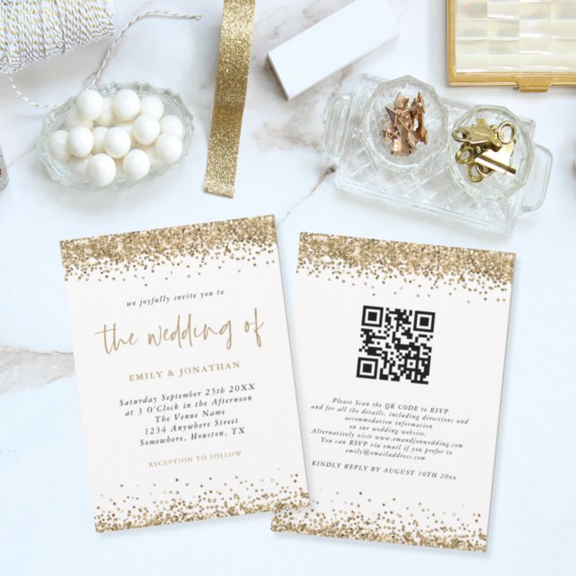 Invitación Purpurina de oro Confetti QR Boda de guiones de có (Subido por el creador)