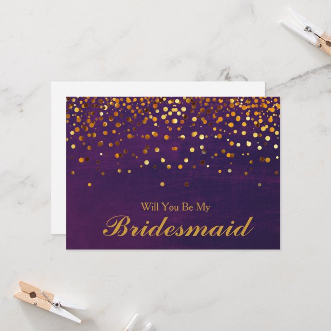 Invitación Purpurina de oro Confetti, ¿serás mi dama de honor (Anverso/Reverso In Situ)