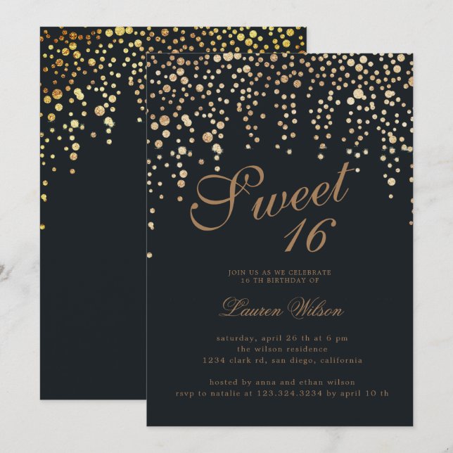 Invitación purpurina de oro confetti sobre dulce negro diecis (Anverso / Reverso)