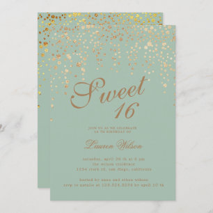 Invitación purpurina de oro confetti sobre dulce verde diecis