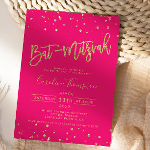 Invitación Purpurina de oro confietti neón rosa Bat Mitzvah f