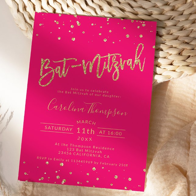 Invitación Purpurina de oro confietti neón rosa Bat Mitzvah f (Gold glitter confetti neon pink Bat Mitzvah photo Invitation)