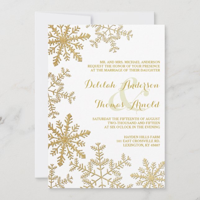 Invitación Purpurina de oro copos de nieve elegante boda de i (Anverso)