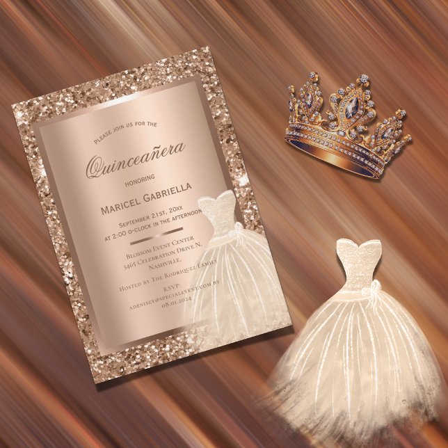 Invitación Purpurina de oro Copper Metallant Elegante Quincea (Subido por el creador)