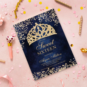 Invitación purpurina de oro corona azul marino tiara foto Dul