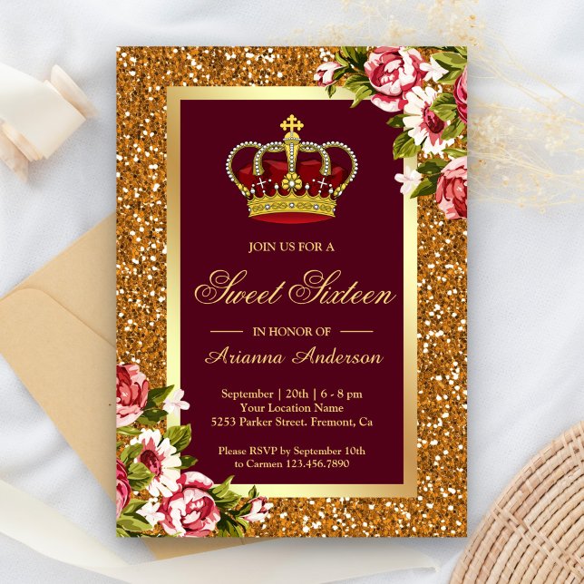 Invitación Purpurina de oro Crown Burgundy Floral Sweet Dieci (Subido por el creador)