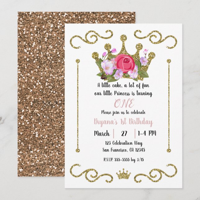 Invitación Purpurina de oro Crown Floral 1 UN Fiesta de cumpl (Anverso / Reverso)