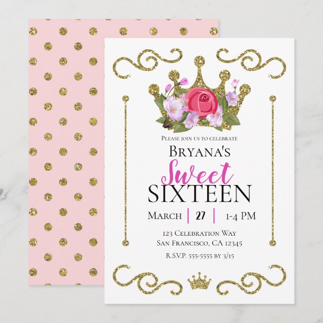 Invitación Purpurina de oro Crown Floral Dots Sweet 16 Fiesta (Anverso / Reverso)