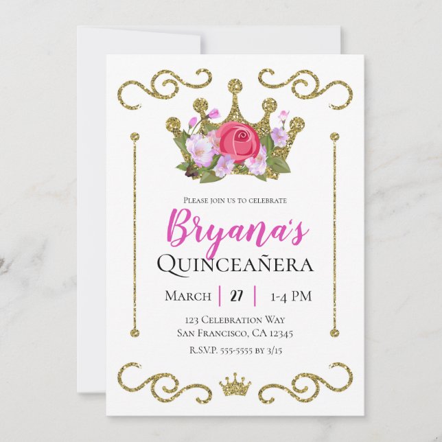 Invitación Purpurina de oro Crown Floral Photo Quinceñera Fie (Anverso)