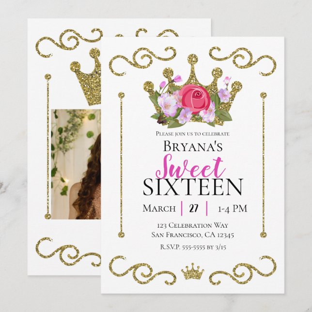 Invitación Purpurina de oro Crown Floral Photo Sweet 16 Fiest (Anverso / Reverso)