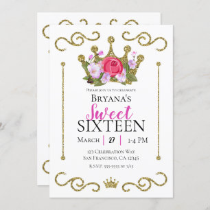 Invitación Purpurina de oro Crown Floral Photo Sweet 16 Fiest