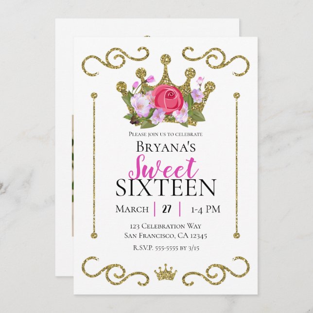 Invitación Purpurina de oro Crown Floral Photo Sweet 16 Fiest (Anverso / Reverso)