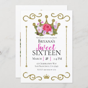 Invitación Purpurina de oro Crown Floral Photo Sweet 16 Fiest