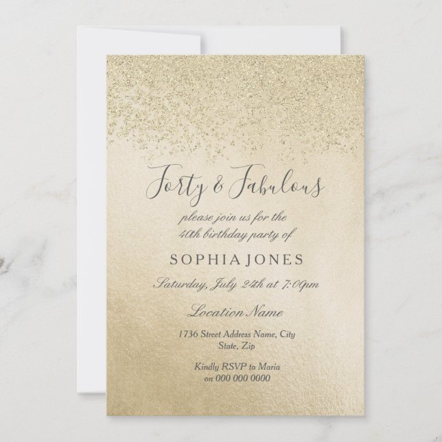 Invitación Purpurina de oro Cuarenta y fabuloso cumpleaños 40 (Anverso)