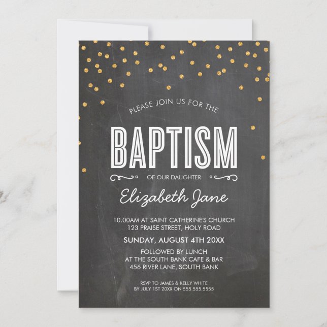 Invitación PURPURINA de oro CUTE BAPTISM en pizarra (Anverso)