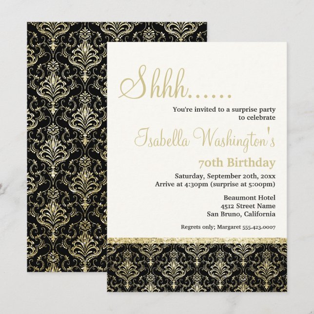 Invitación Purpurina de oro Damask 70° fiesta de cumpleaños s (Anverso / Reverso)