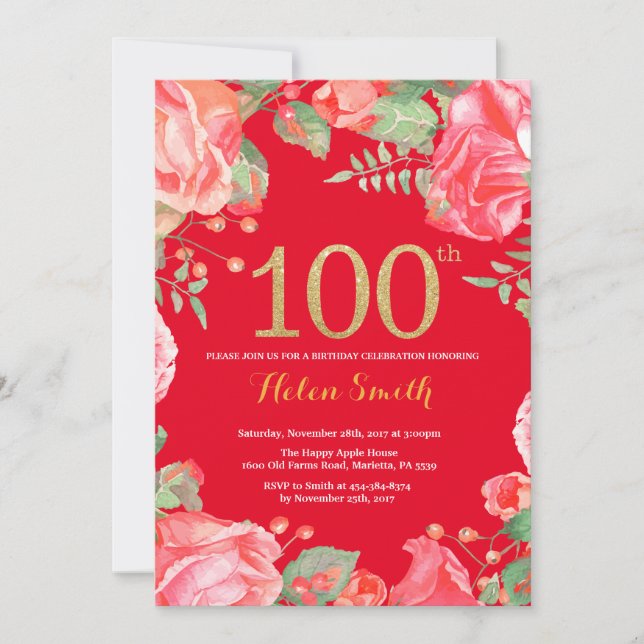 Invitación Purpurina de oro de 100 cumpleaños de Floral Roja  (Anverso)