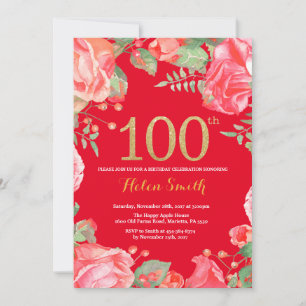Invitación Purpurina de oro de 100 cumpleaños de Floral Roja 