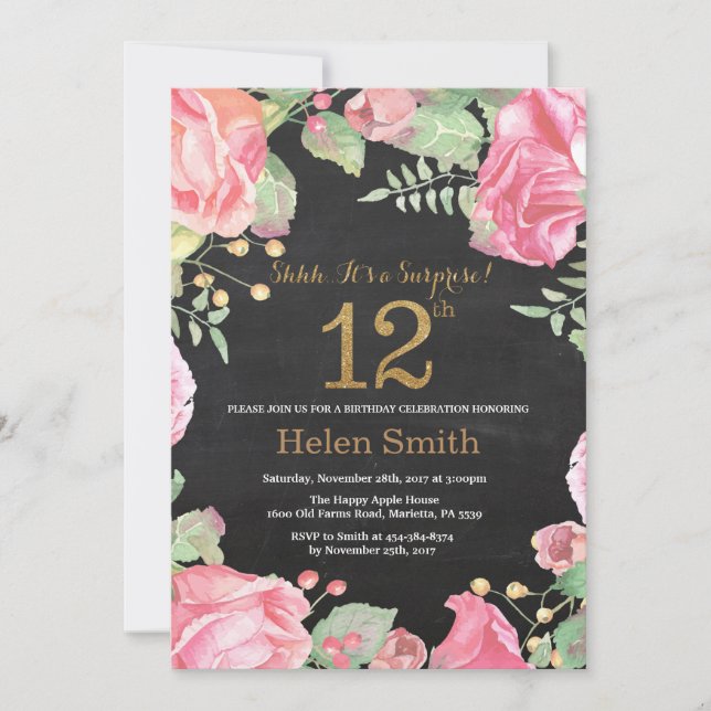 Invitación Purpurina de oro de 12º cumpleaños de Floral Surpr (Anverso)