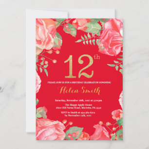 Invitación Purpurina de oro de 12 cumpleaños de Floral Roja y