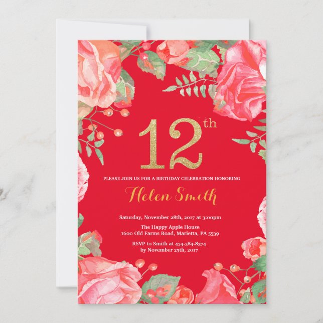 Invitación Purpurina de oro de 12 cumpleaños de Floral Roja y (Anverso)