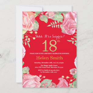 Invitación Purpurina de oro de 18 años y rojo de Floral Surpr