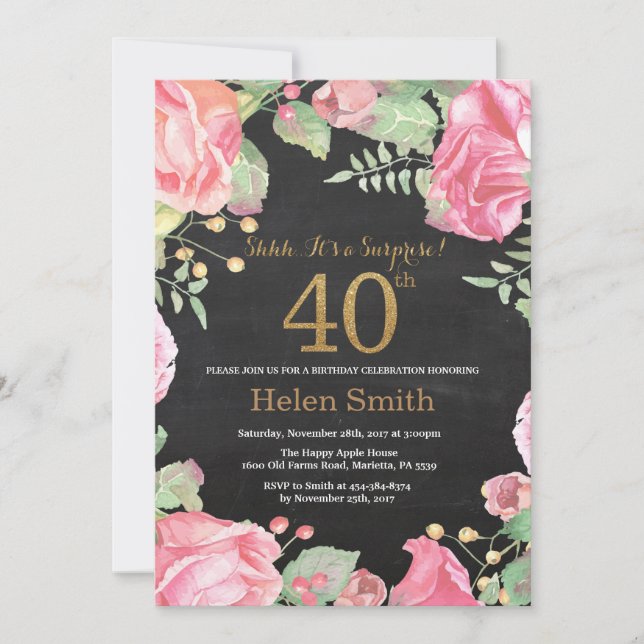 Invitación Purpurina de oro de 40 años de Floral Surprise (Anverso)