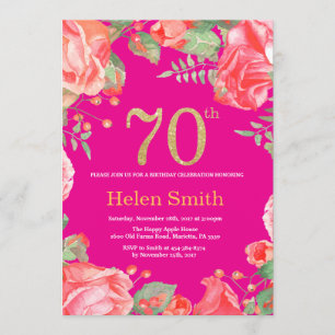 Invitación Purpurina de oro de 70 cumpleaños y rosa caliente