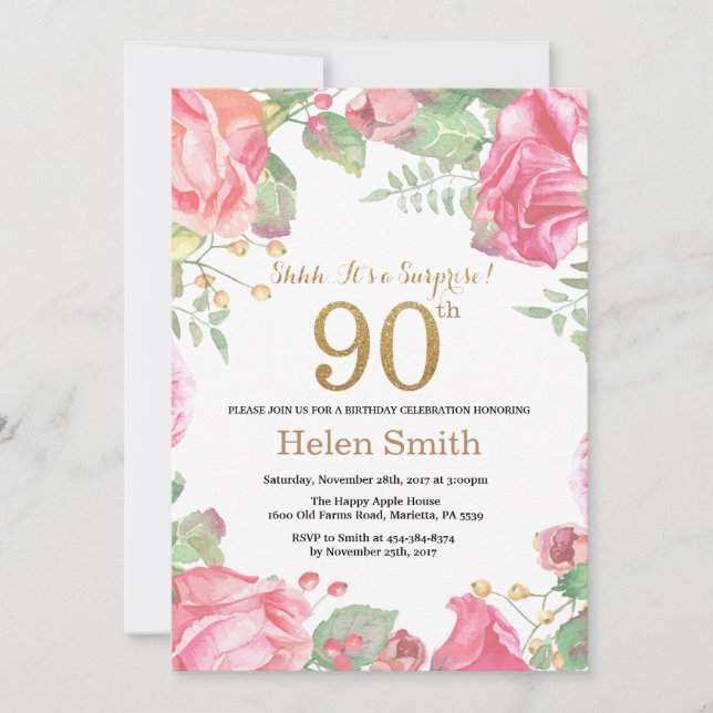 Invitación Purpurina de oro de 90º cumpleaños de Floral Surpr (Anverso)