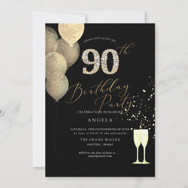 Invitación Purpurina de oro de 90 años Diamante de los globos (Anverso)