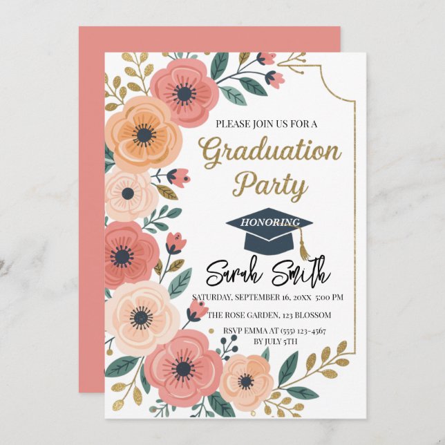 Invitación Purpurina de oro de acuarela floral graduación de  (Anverso / Reverso)