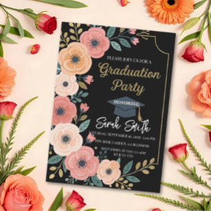 Invitación Purpurina de oro de acuarela floral graduación de 