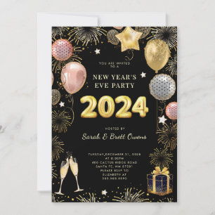 Invitación Purpurina de oro de Año Nuevo 2023 en negro