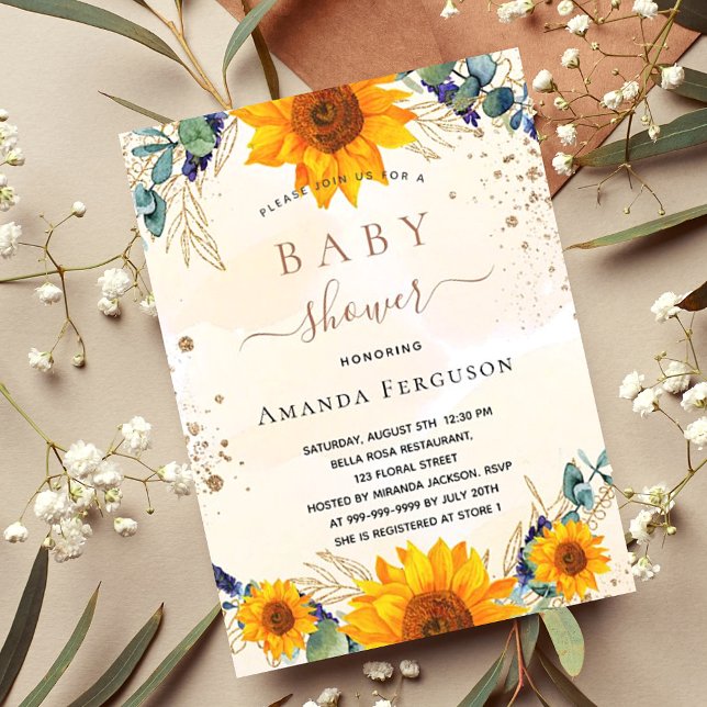 Invitación purpurina de oro de Baby Shower girasoles eucalipt (Subido por el creador)