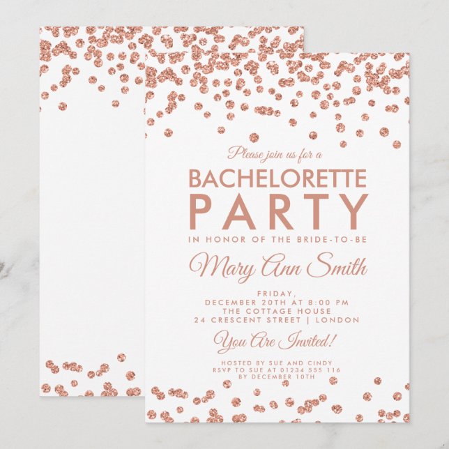 Invitación Purpurina de oro de Bachelorette Party Rosa Confet (Anverso / Reverso)