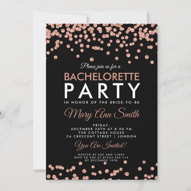 Invitación Purpurina de oro de Bachelorette Party Rosa Confet (Anverso)