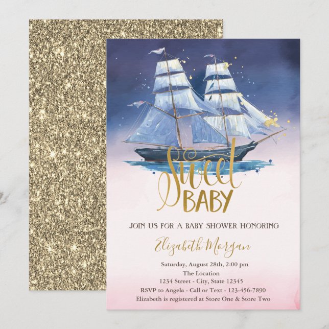 Invitación Purpurina de oro de barco de vela Baby Shower (Anverso / Reverso)