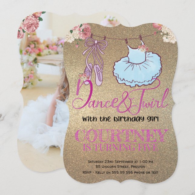 Invitación Purpurina de oro de Birthday Photo Ballerina (Anverso / Reverso)