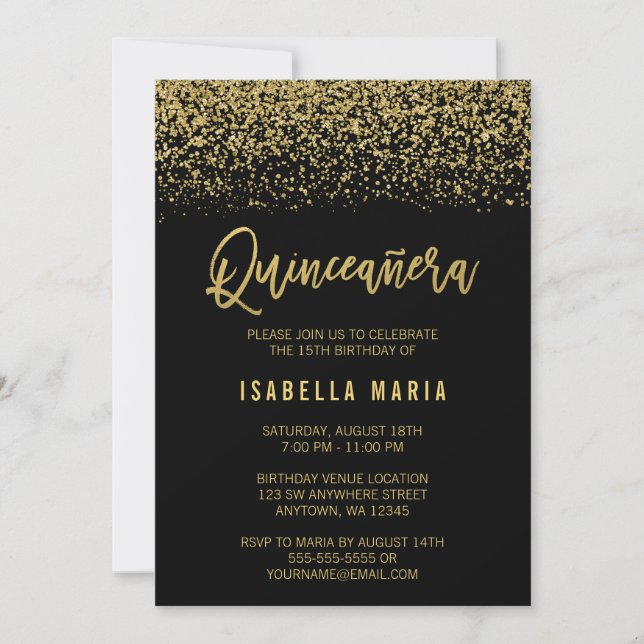 Invitación Purpurina de oro de Black Faux moderno Quinceanera (Anverso)