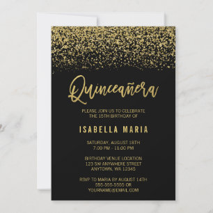 Invitación Purpurina de oro de Black Faux moderno Quinceanera
