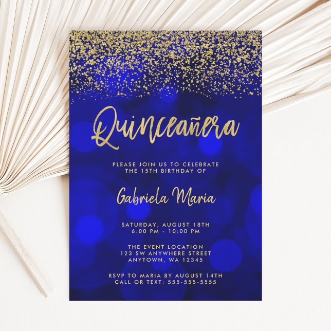 Invitación Purpurina de oro de Bokeh azul moderno Quinceanera (Subido por el creador)