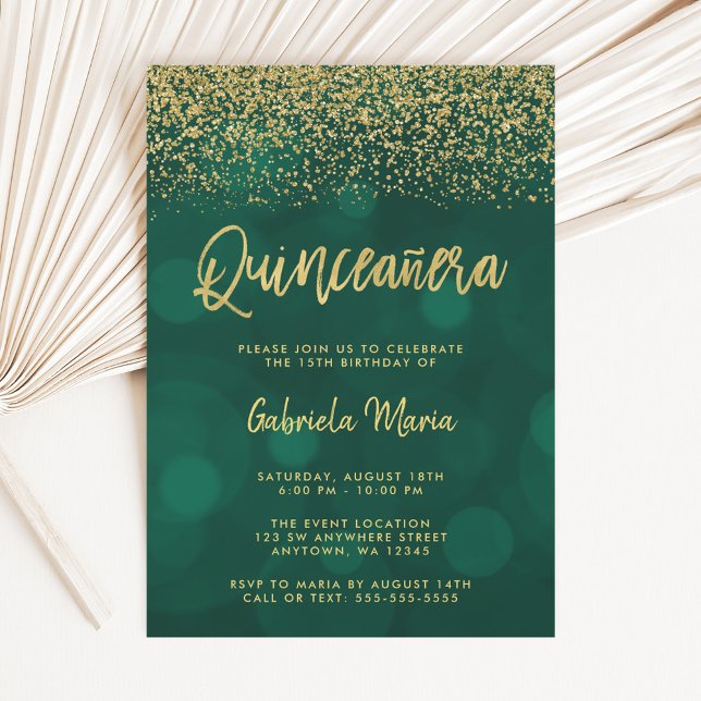 Invitación Purpurina de oro de Bokeh verde moderno Quinceaner (Subido por el creador)