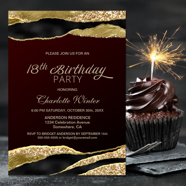 Invitación Purpurina de oro de Borgoña 18ª fiesta de cumpleañ (Subido por el creador)