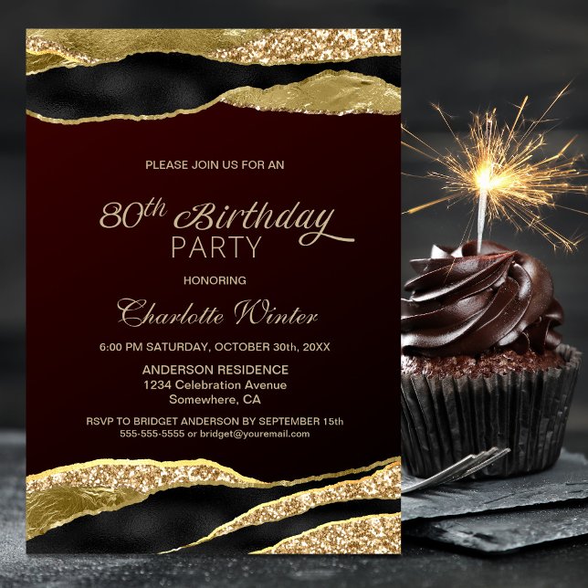 Invitación Purpurina de oro de Borgoña 80 cumpleaños (Subido por el creador)