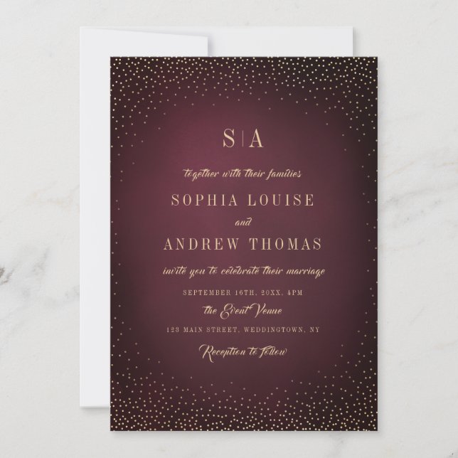 Invitación Purpurina de oro de Borgoña boda simple monograma (Anverso)
