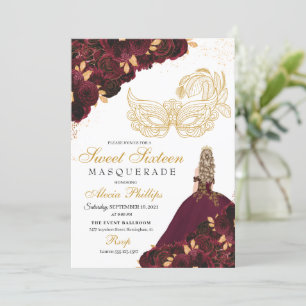 Invitación Purpurina de oro de Borgoña Dulce 16 Mascarada