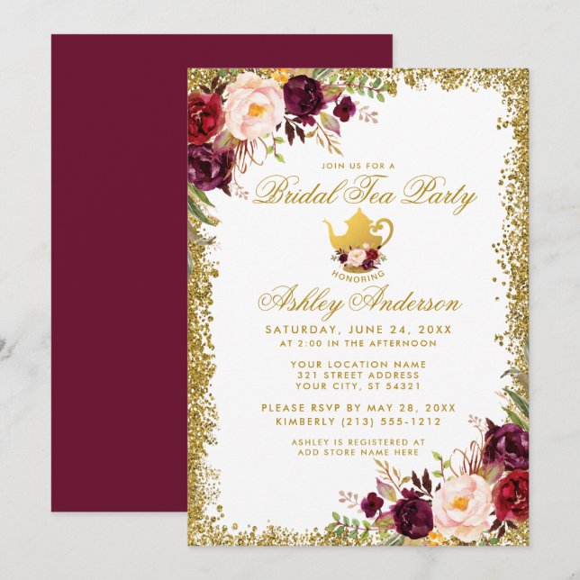 Invitación Purpurina de oro de Borgoña Fiesta de té de novia  (Anverso / Reverso)