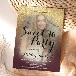 Invitación Purpurina de oro de Borgoña foto elegante oscura S