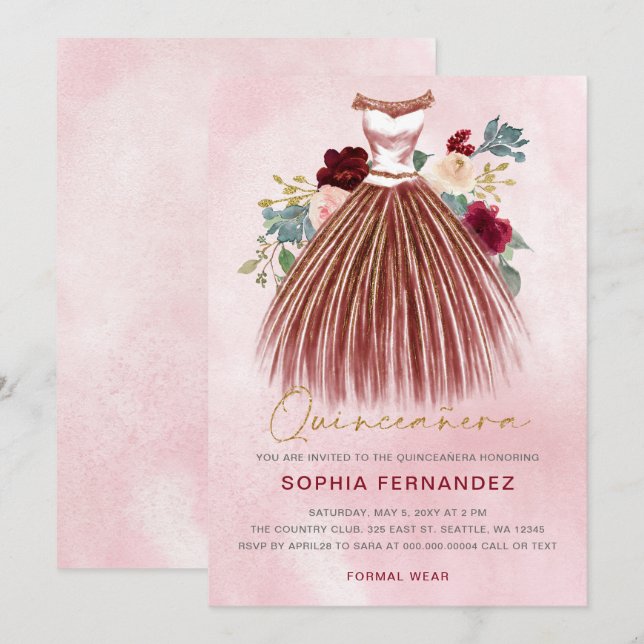 Invitación Purpurina de oro de Borgoña Vestido floral Quincea (Anverso / Reverso)