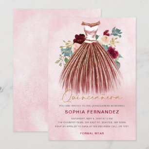 Invitación Purpurina de oro de Borgoña Vestido floral Quincea